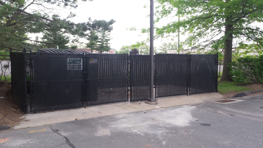 6_ H Black Vinyl Coated Chain Link Dumpster Enclosure with Privacy Slats 2