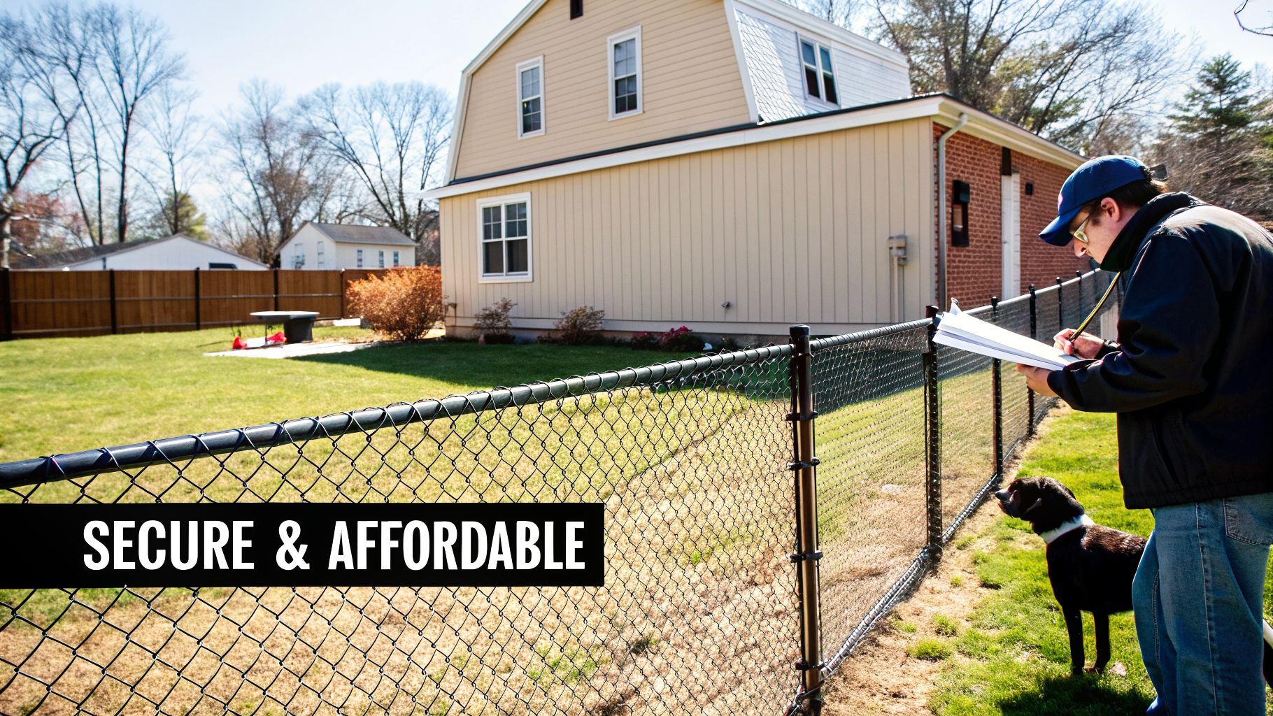 A man with a dog inspecting a newly installed black chain link fence in a sunny backyard.