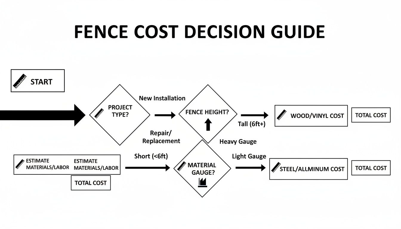 A flowchart decision guide for estimating fence costs based on project type, fence height, and material gauge.