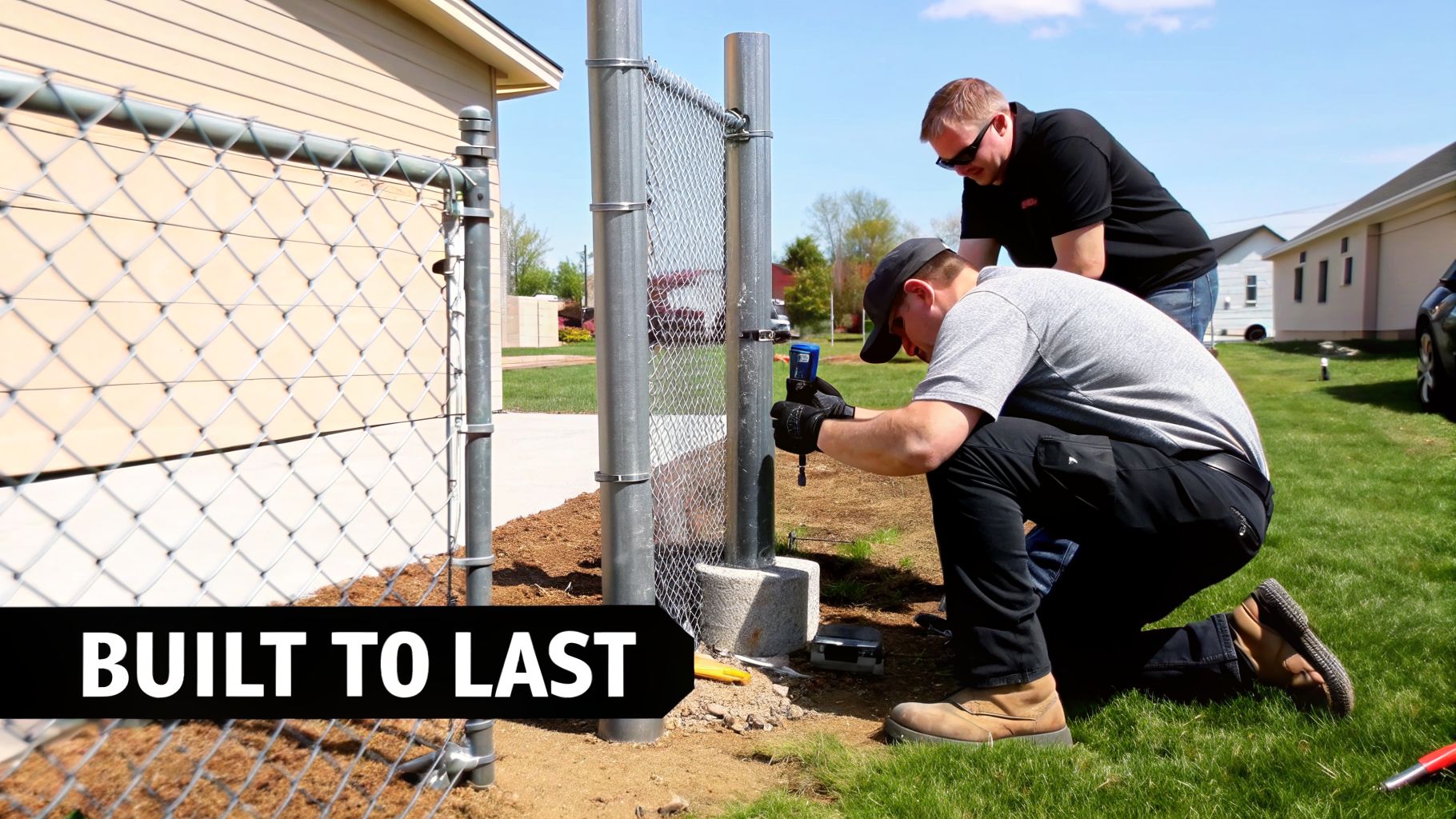 Workers installing a durable chain-link fence for a home, emphasizing quality construction.