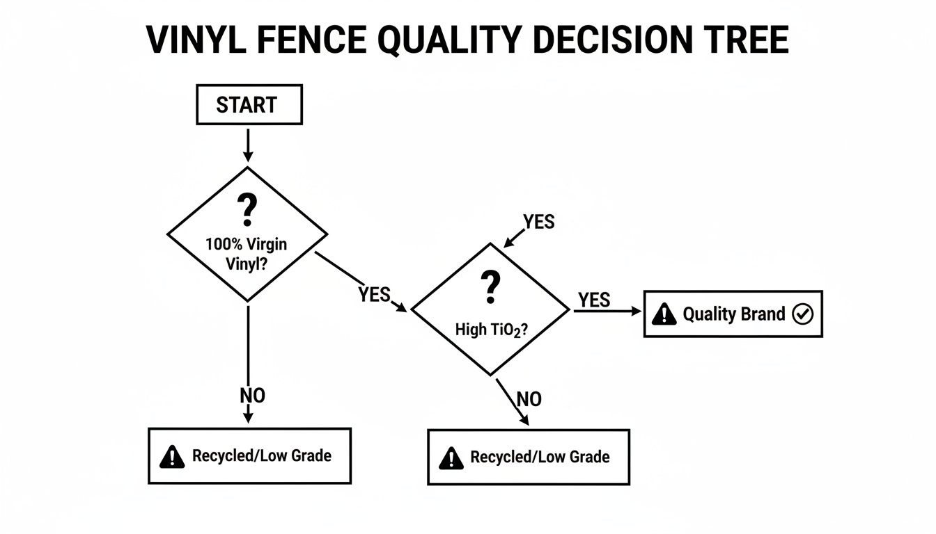 A decision tree flowchart for evaluating vinyl fence quality based on virgin material and titanium dioxide content.