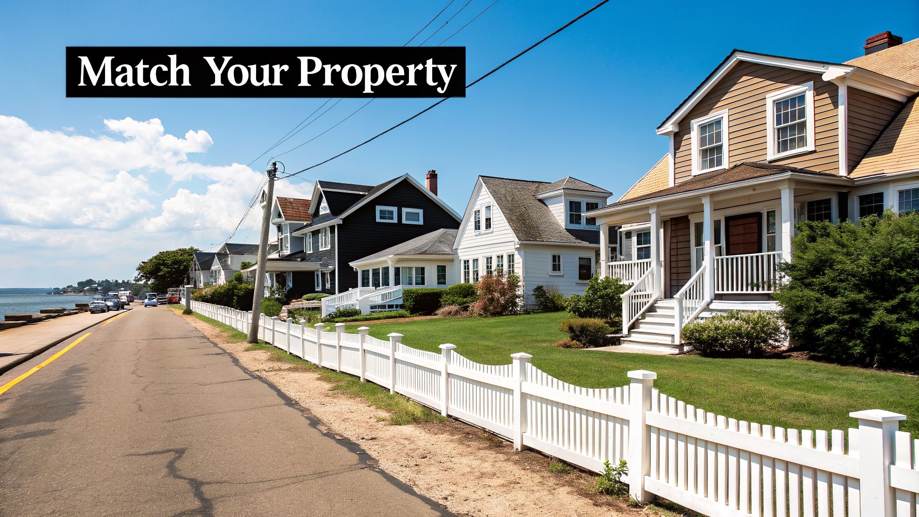 A scenic view of several houses with green lawns and a white picket fence along a coastal road.