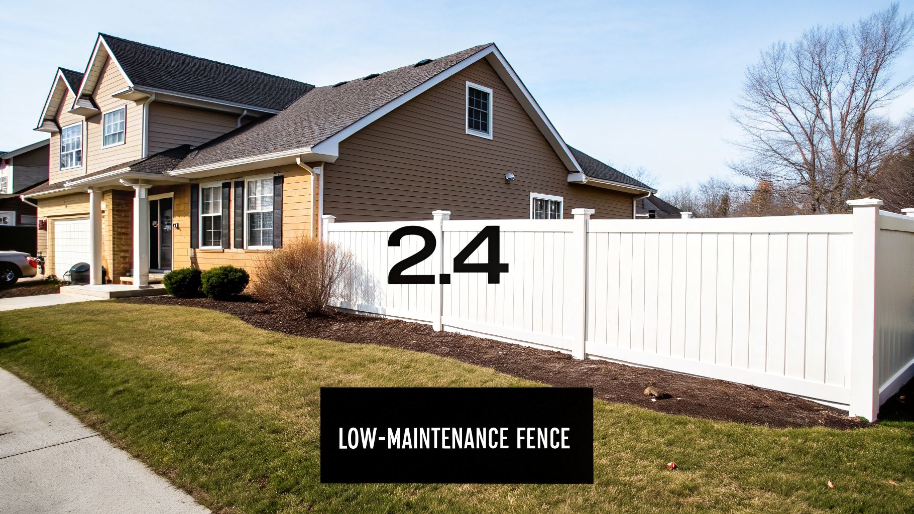 A modern house with a white low-maintenance vinyl privacy fence and a green lawn under a blue sky.
