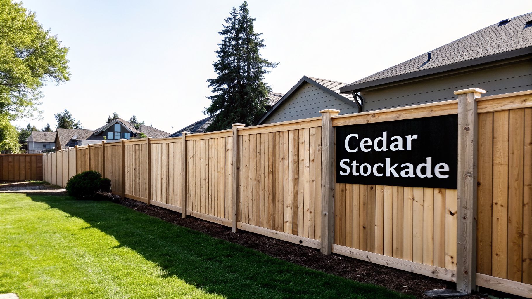 A long, new cedar stockade fence with a prominent sign runs along a green backyard.