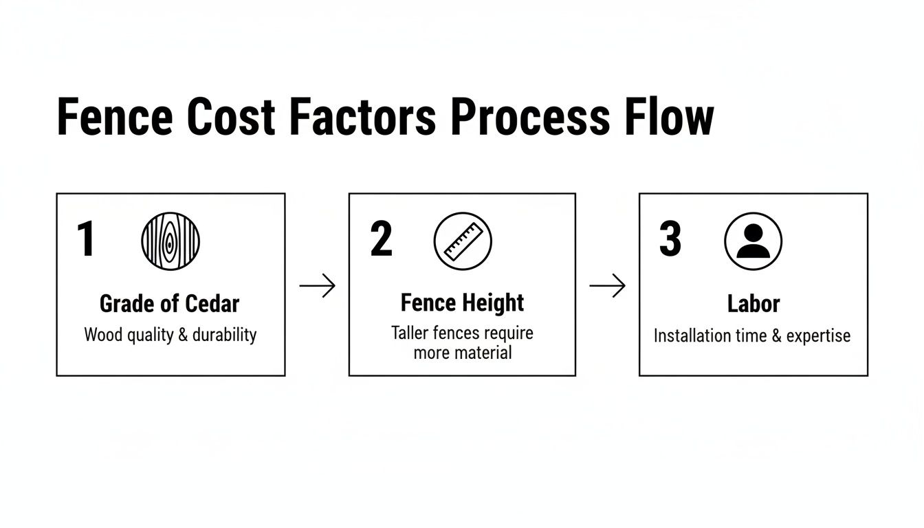 A process flow diagram illustrating three key factors influencing fence cost: cedar grade, fence height, and labor.
