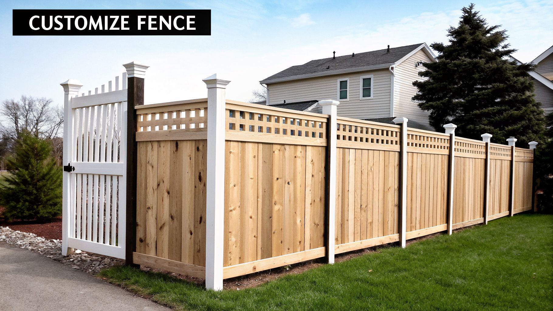A long wooden privacy fence with white posts and a matching white gate beside a paved path.