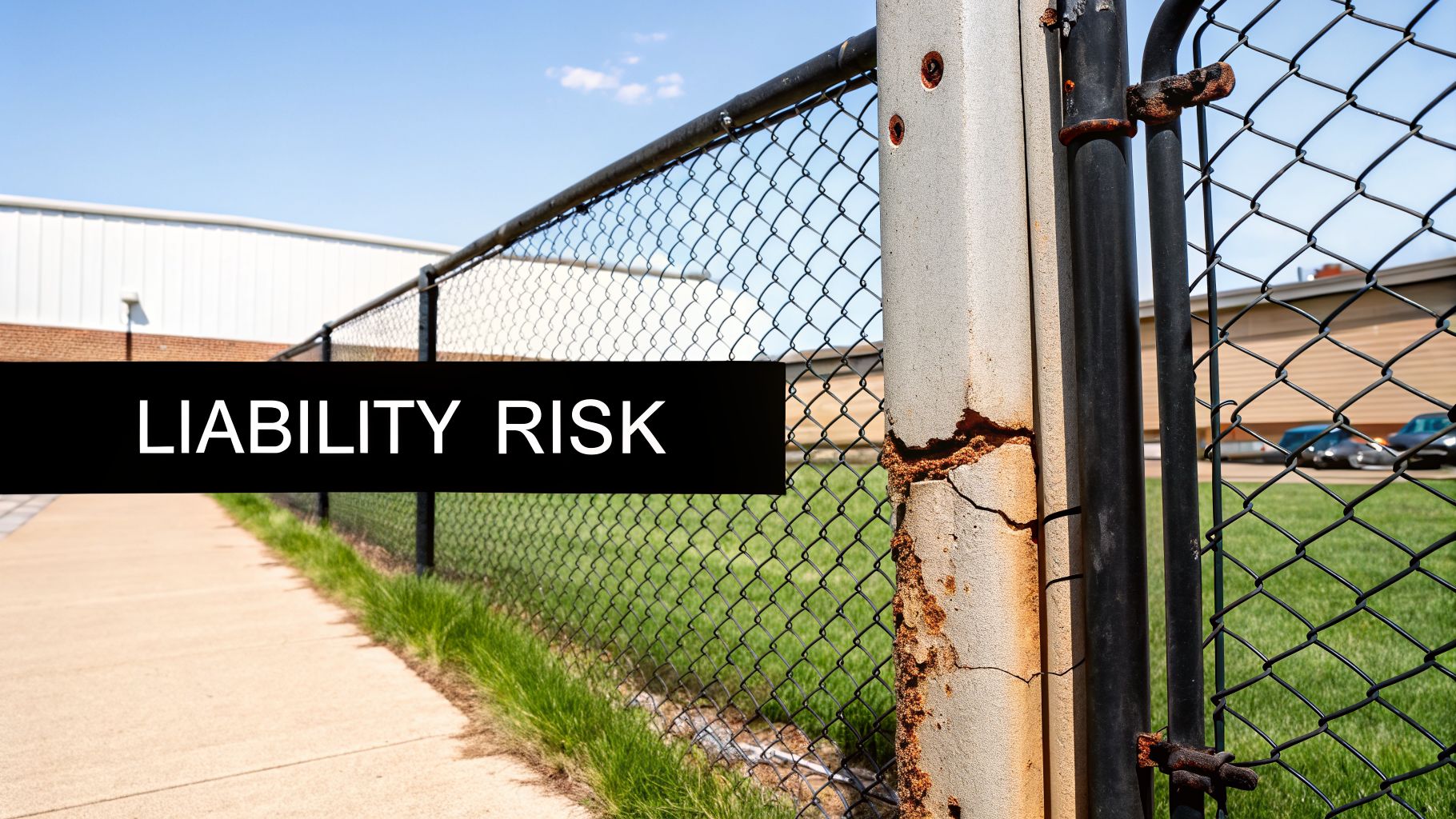 A deteriorating chain-link fence and a cracked concrete post next to a sidewalk, with 'LIABILITY RISK' overlaid.