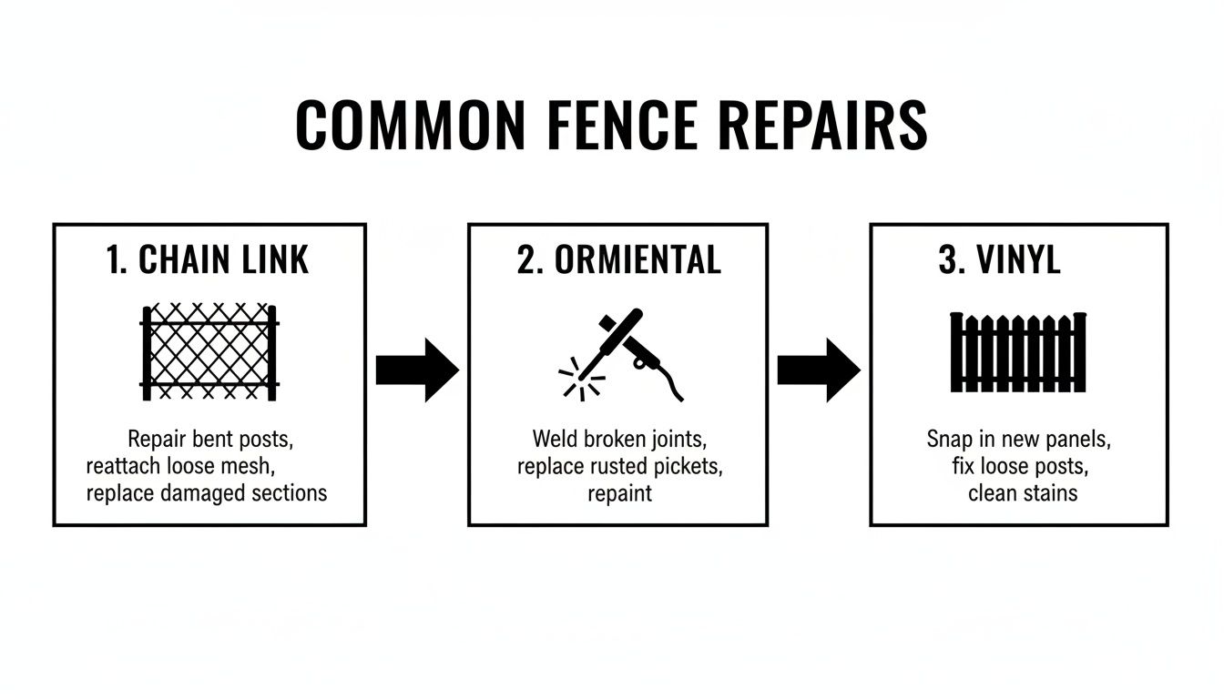 An infographic detailing common repair types for chain link, ornamental, and vinyl fences.