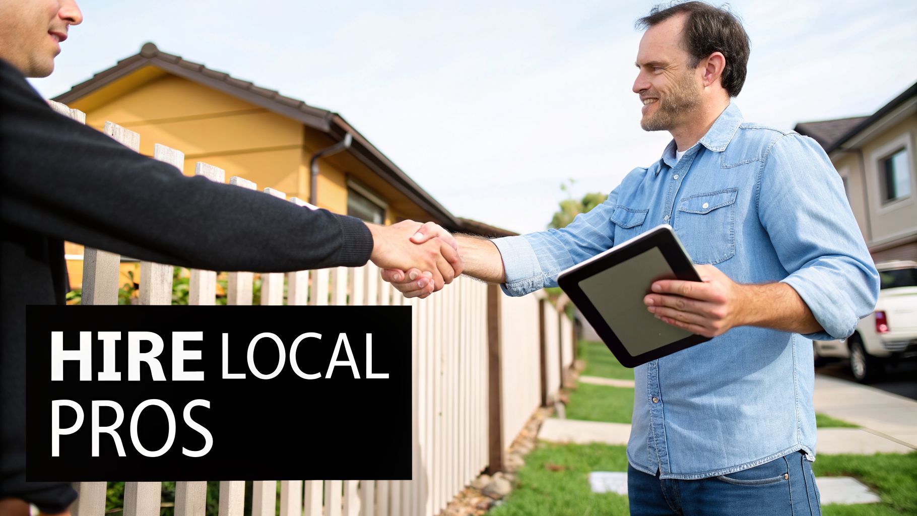 Two men shake hands over a fence in a suburban neighborhood, with one holding a tablet, promoting local professionals.