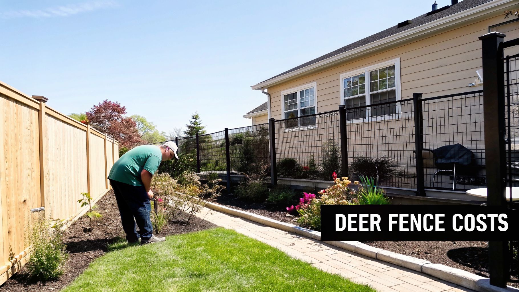 A man is gardening in a backyard with a wooden fence and a black grid deer fence, illustrating deer fence costs.