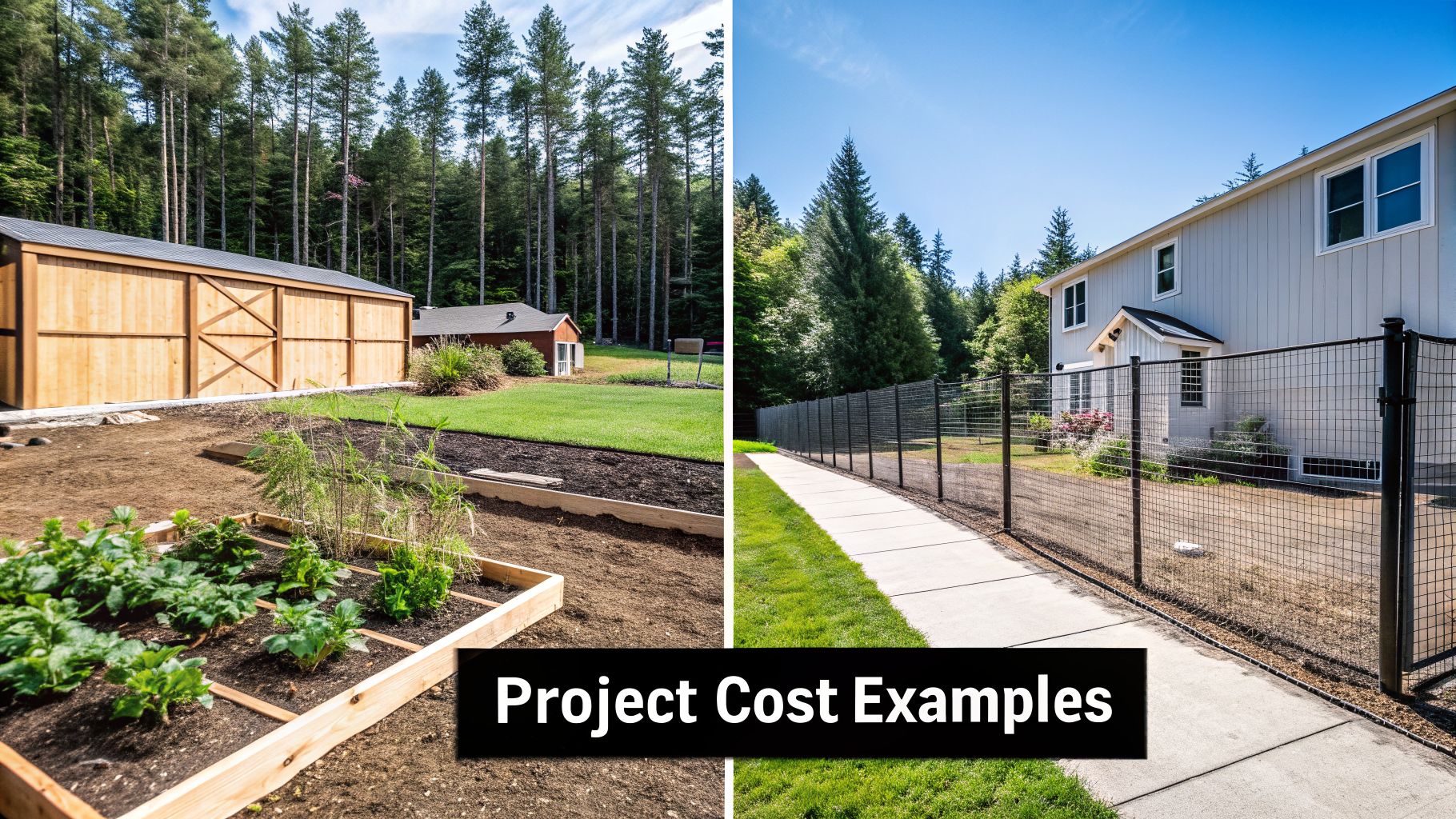 Two outdoor projects, one with a new wooden barn and garden, the other with a house and wire mesh fence.