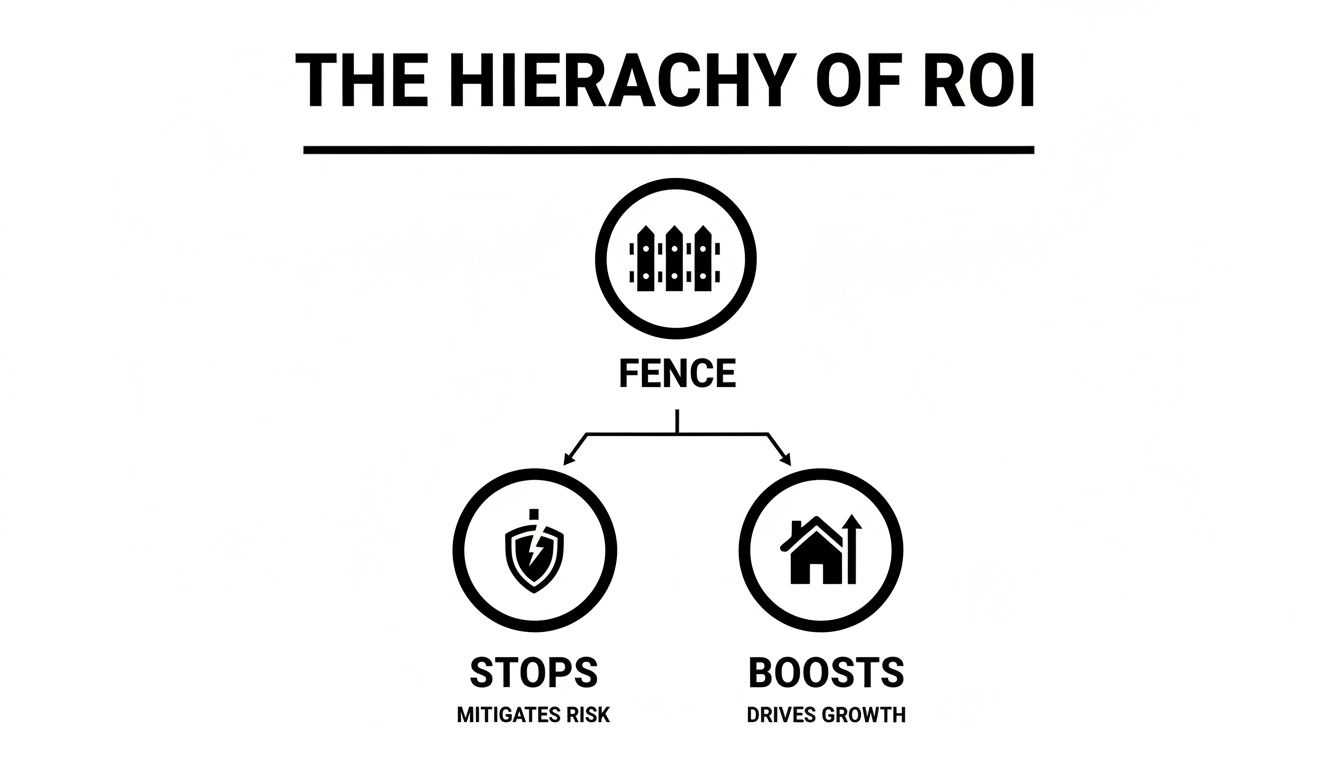 Hierarchy of ROI diagram showing 'FENCE' leading to 'STOPS' (mitigates risk) and 'BOOSTS' (drives growth).