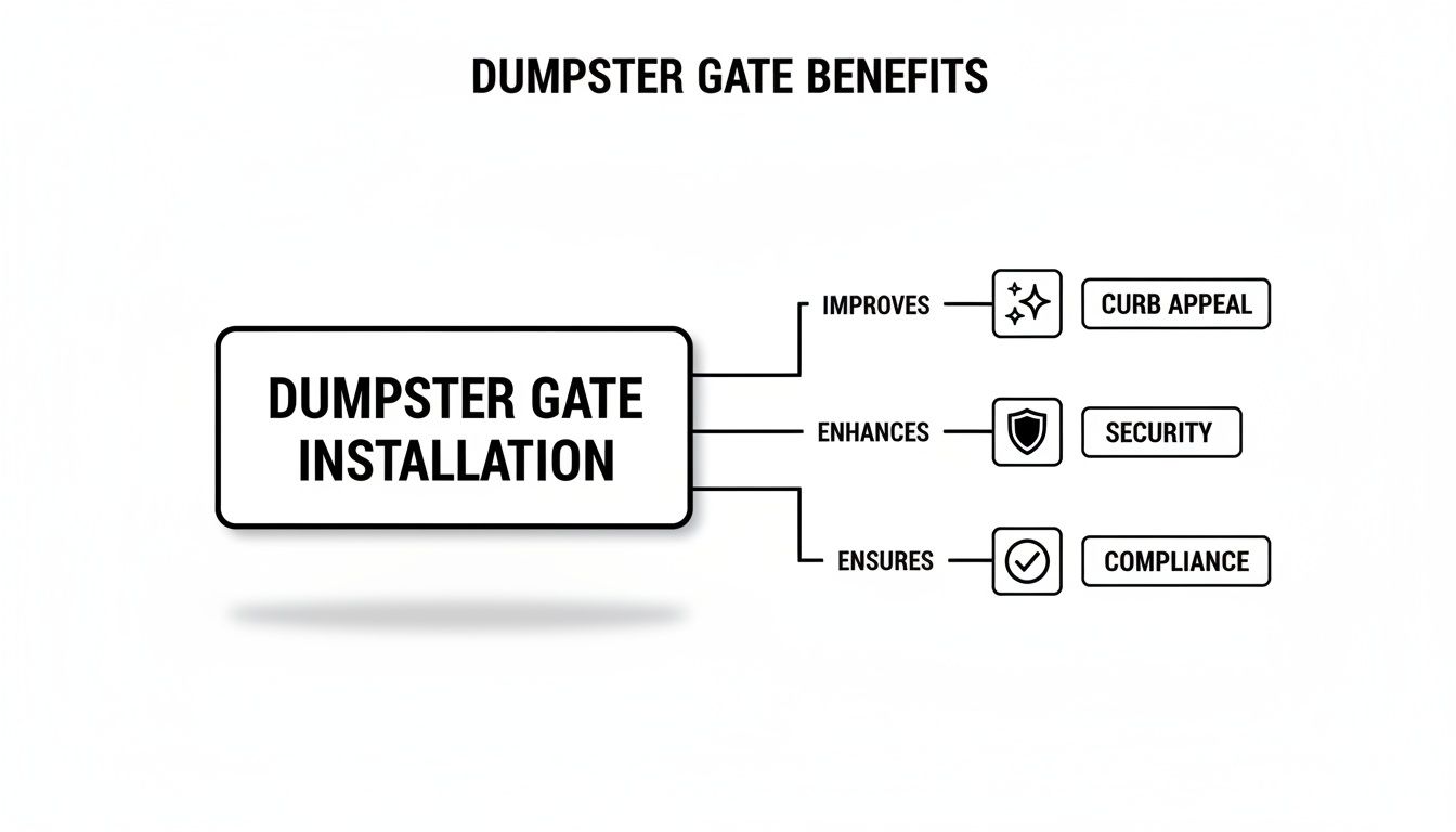 A flowchart detailing the benefits of dumpster gate installation, including improved curb appeal, enhanced security, and ensured compliance.
