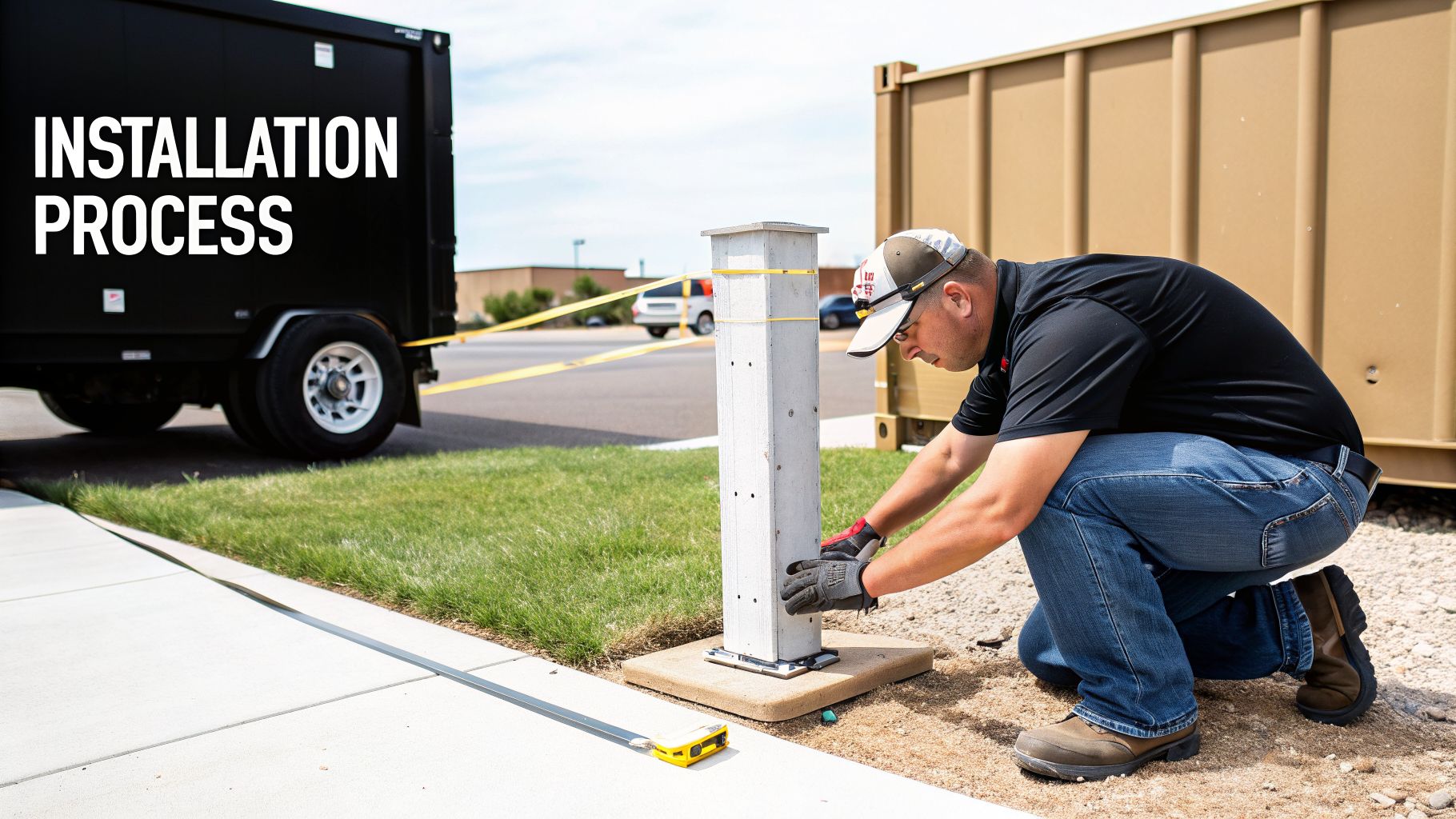 A man in work gear installs a concrete post near a trailer with 'INSTALLATION PROCESS' text.