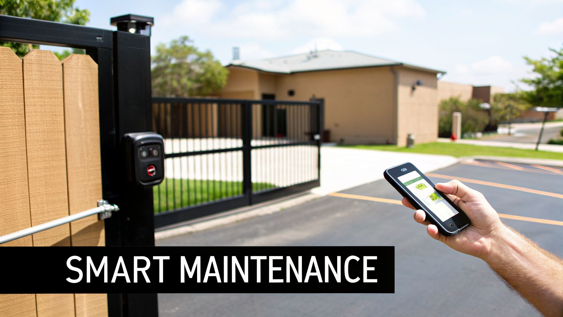Hand holding a smartphone to control a smart gate with an access control system.