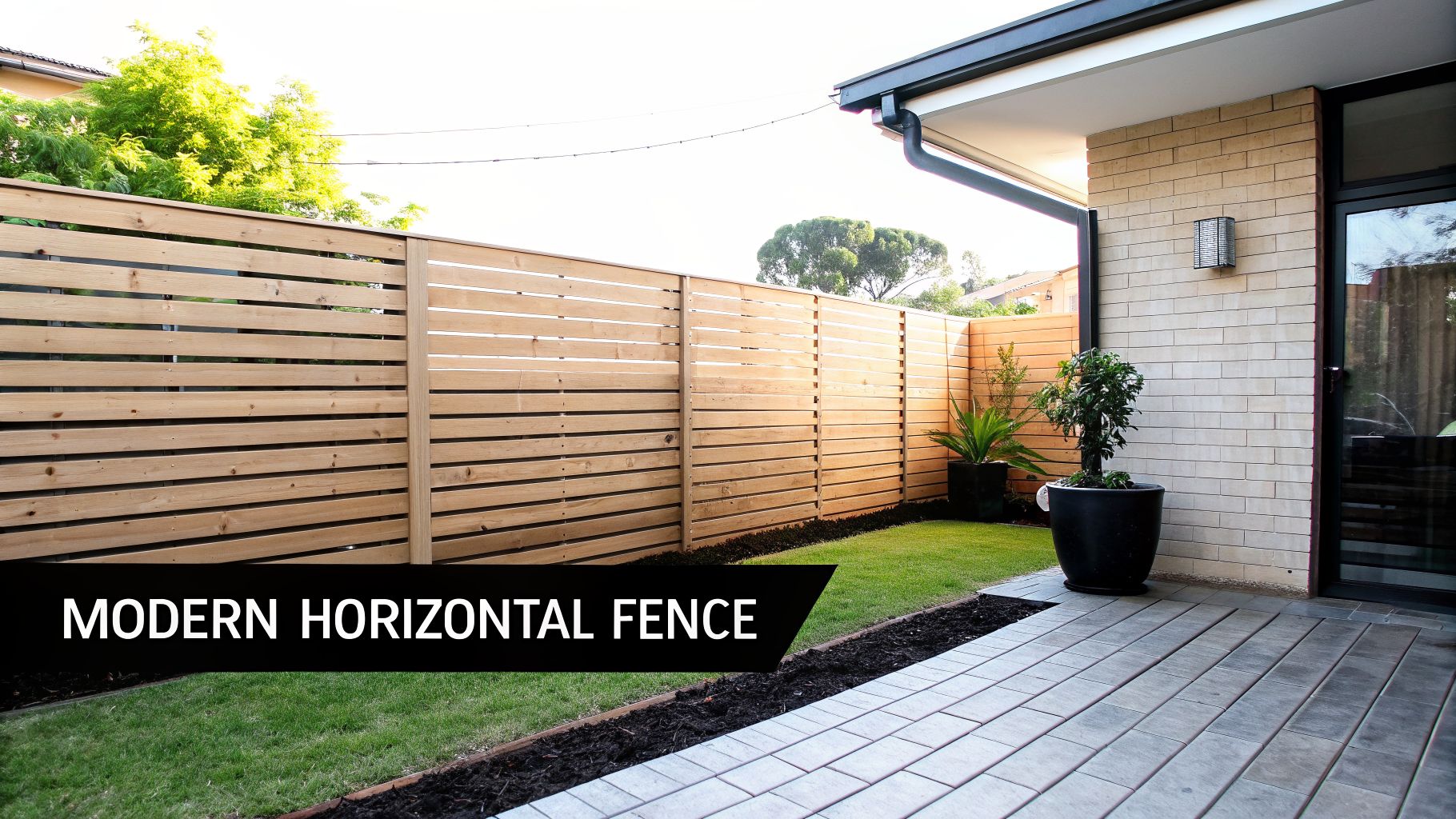 A modern horizontal wooden fence defines a backyard with a green lawn and paved patio.