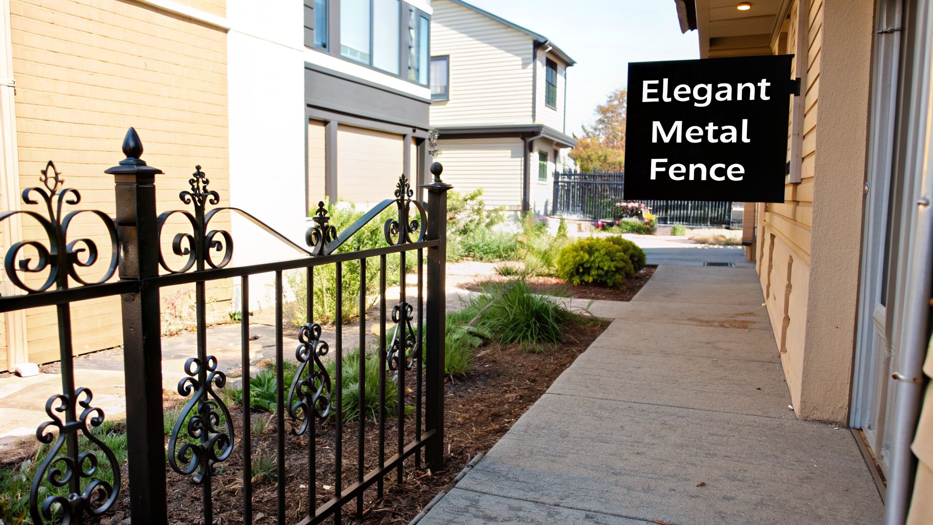 An elegant black metal fence with decorative scrollwork stands beside a concrete sidewalk leading to houses and a garden.