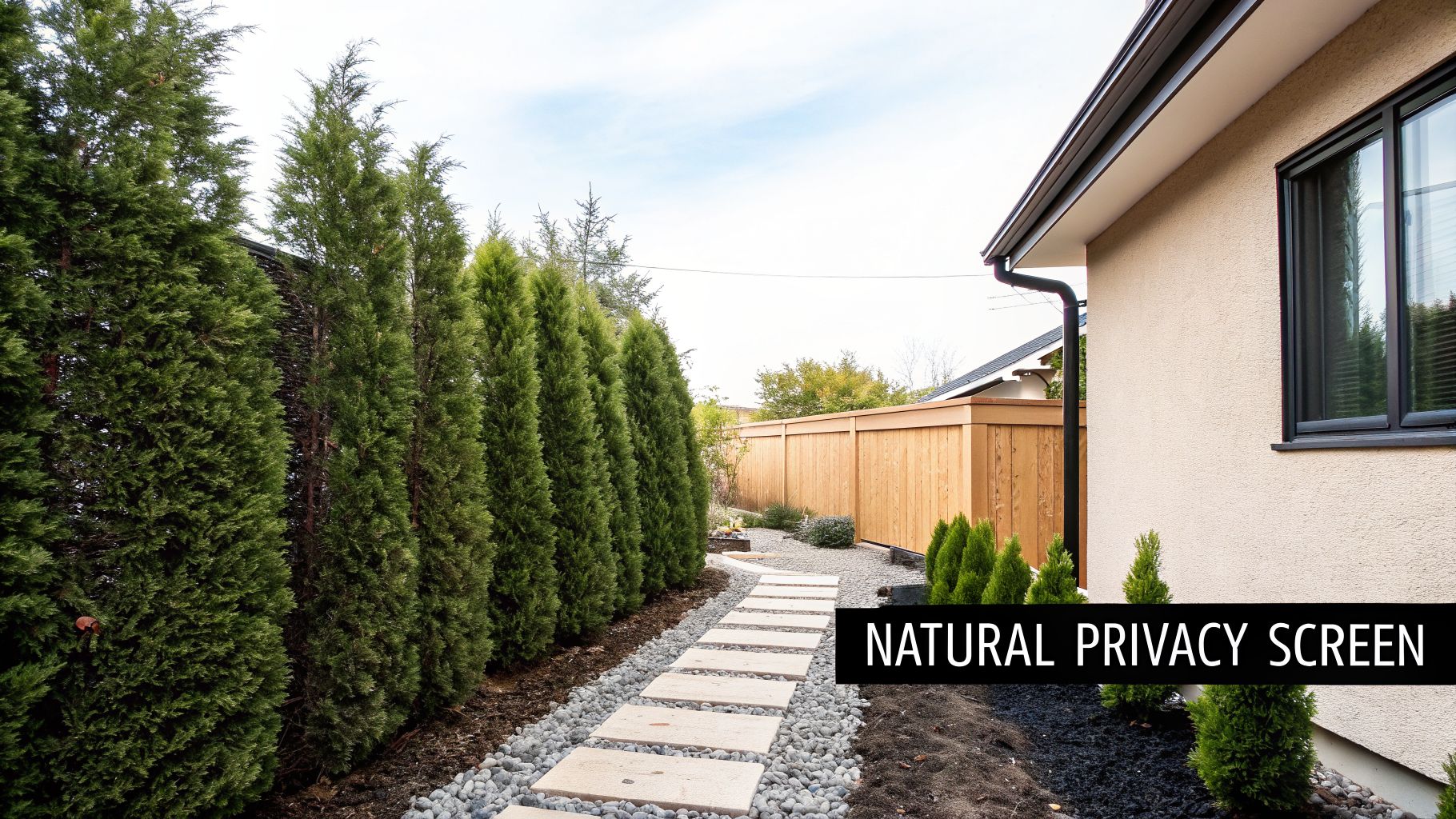 A natural privacy screen of tall green trees lining a stone path next to a modern house.
