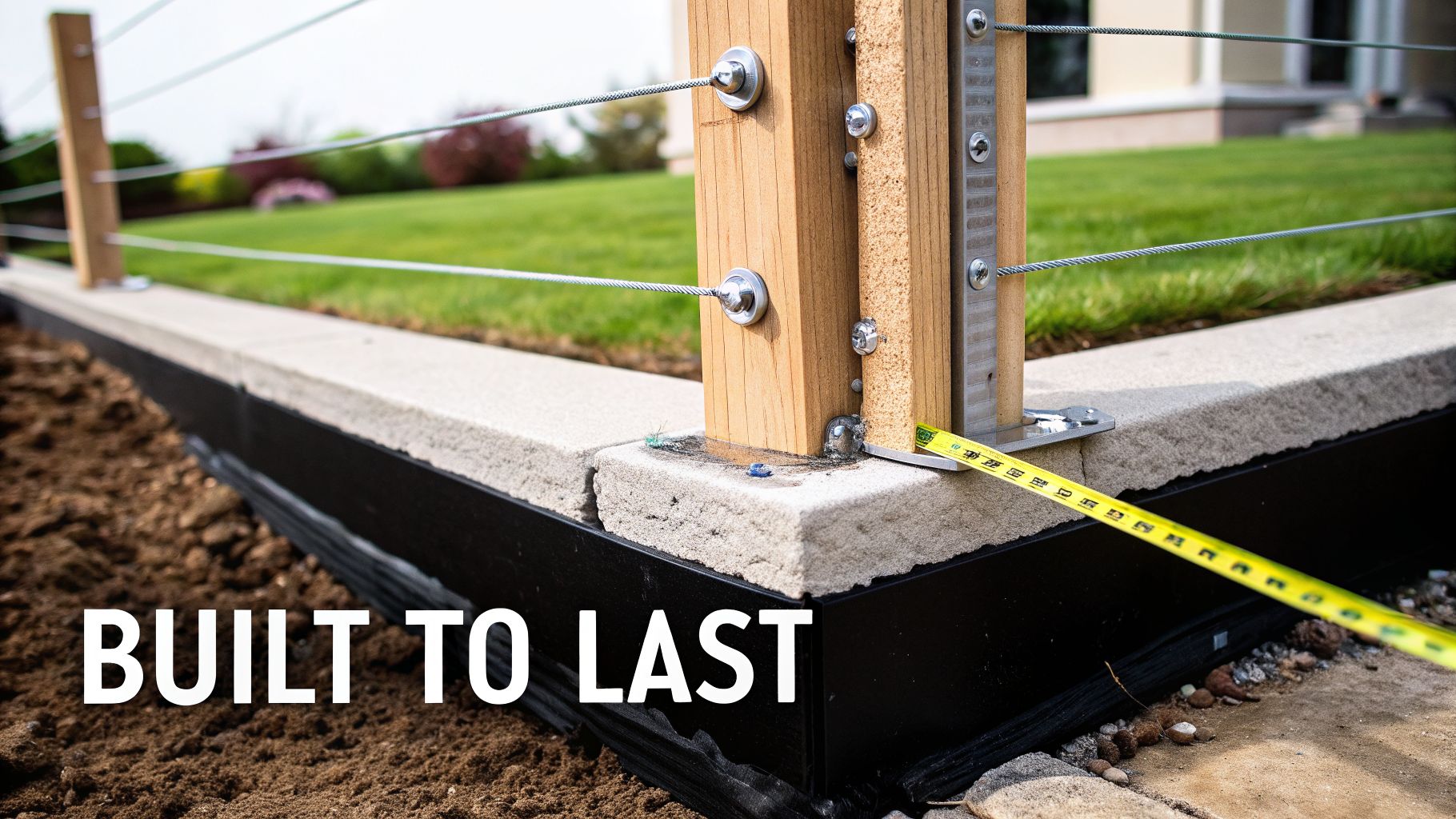 Close-up of a durable modern fence with wooden posts, steel cables, and concrete foundation.