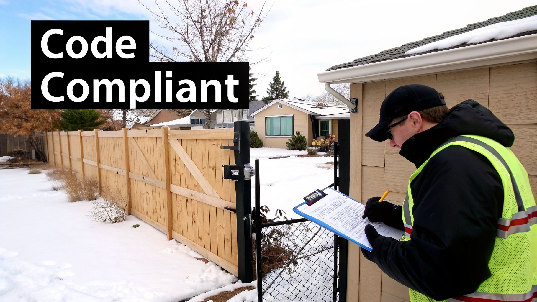 An inspector in a high-visibility vest reviews documents near a wooden fence and gate in a snowy yard, labeled "Code Compliant."