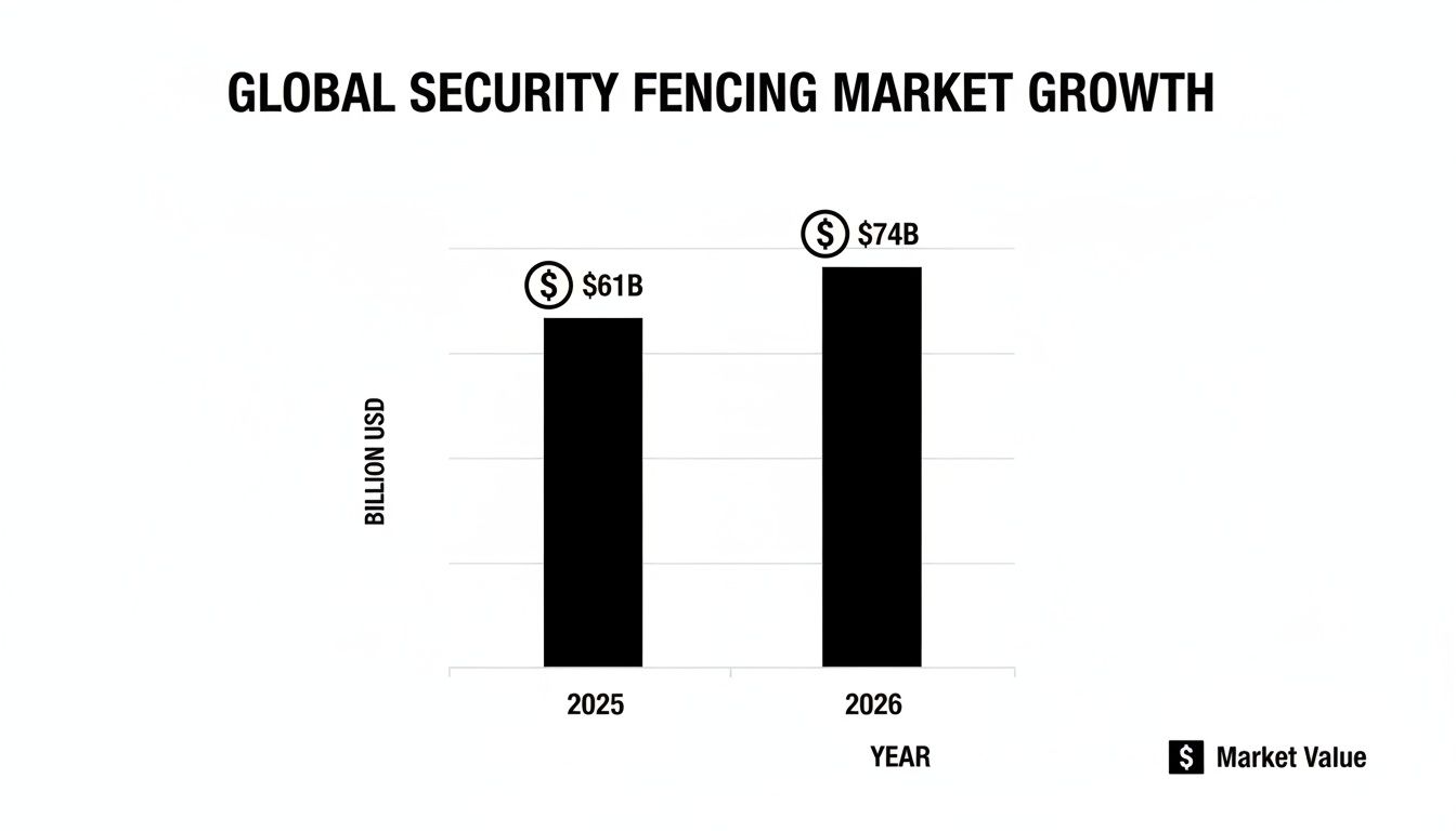 Bar chart illustrating global security fencing market growth from $61 billion in 2025 to $74 billion in 2026.