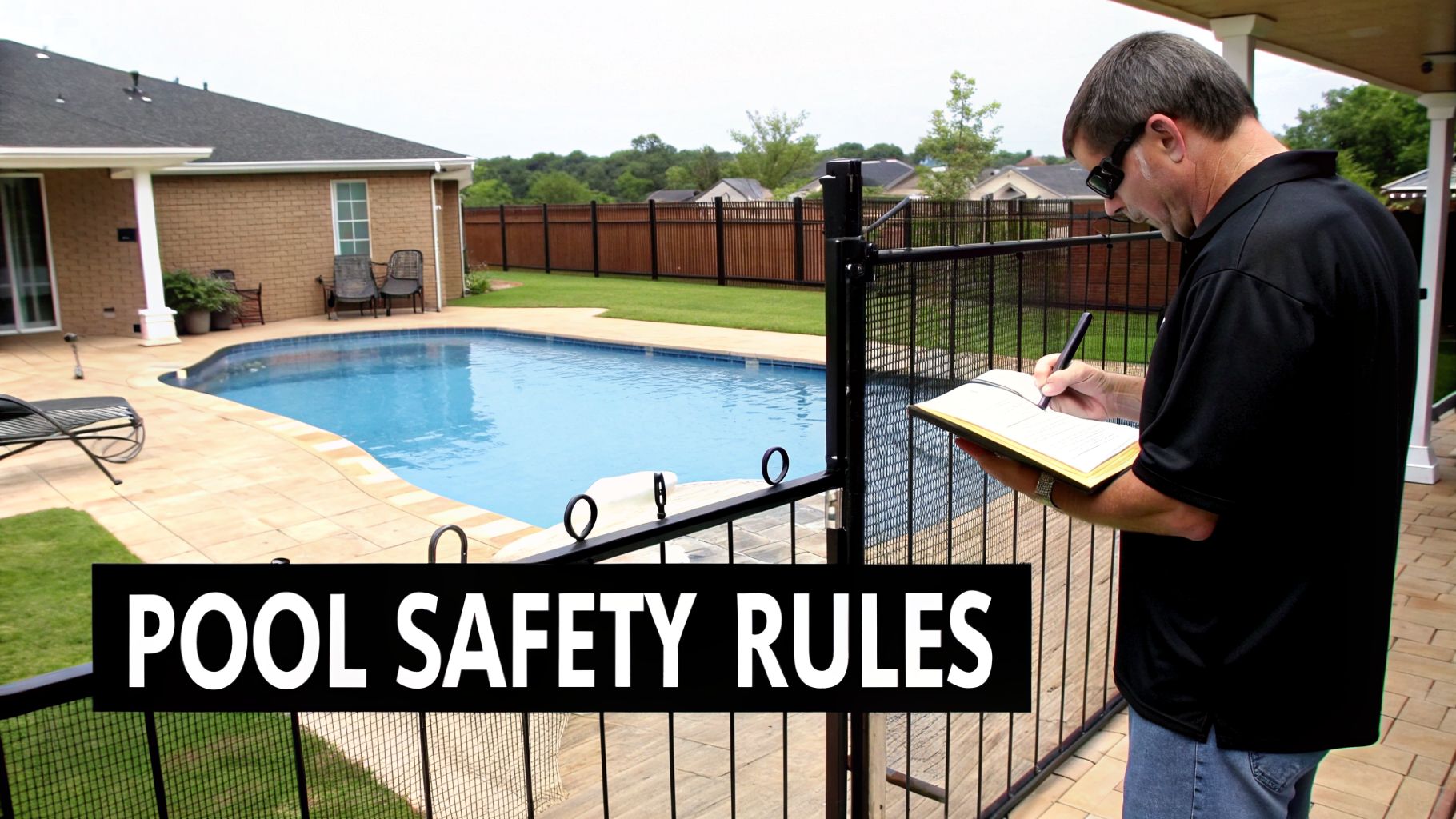 A man in sunglasses inspects a residential swimming pool fence with a notebook, emphasizing pool safety.