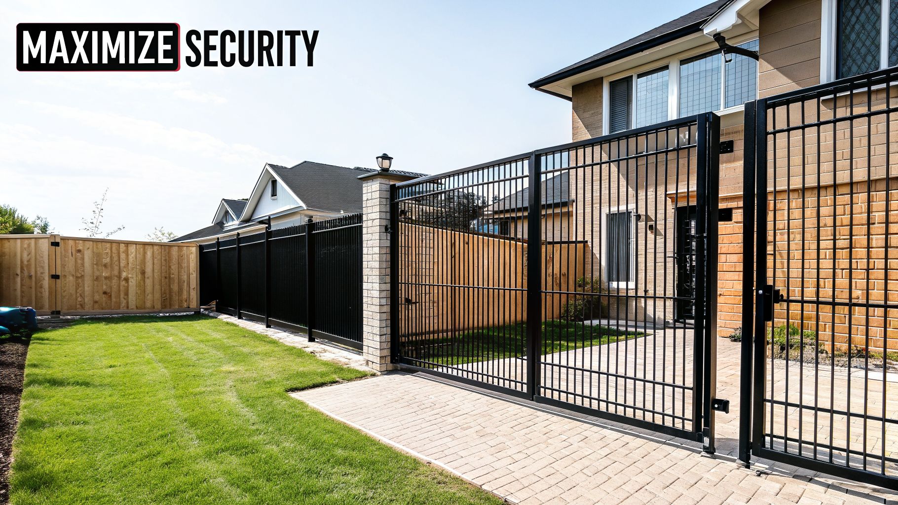 A modern house with a black metal security fence and gate, a brick pillar, and a green lawn.