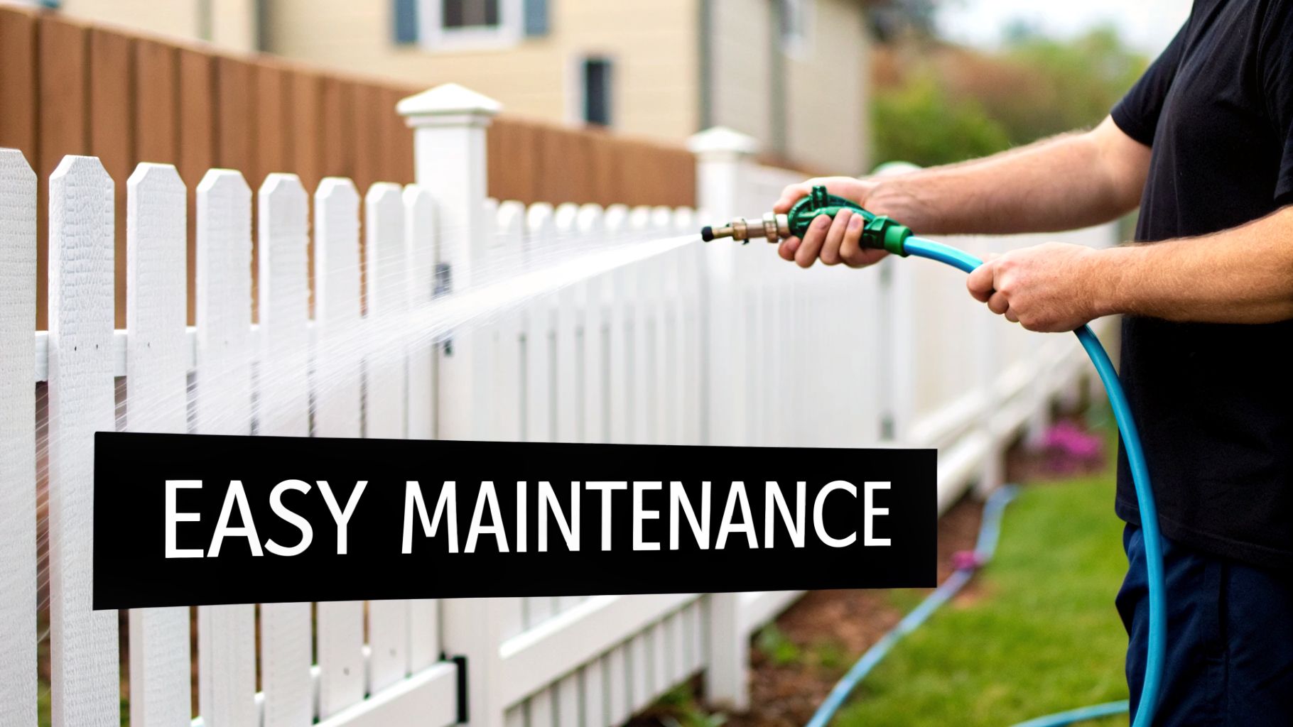 A person sprays a white picket fence with a hose, highlighting easy maintenance.