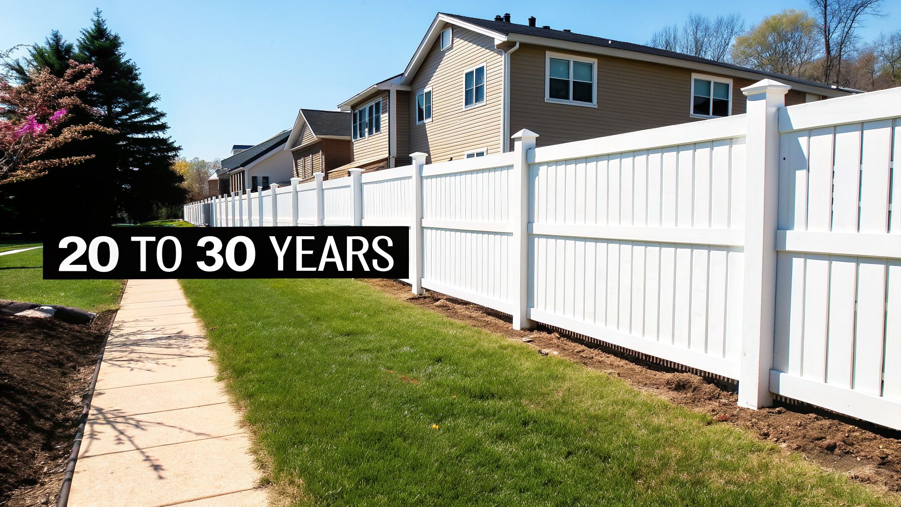 A long white vinyl fence runs along a green lawn and sidewalk, with houses in the background and '20 TO 30 YEARS' overlay.