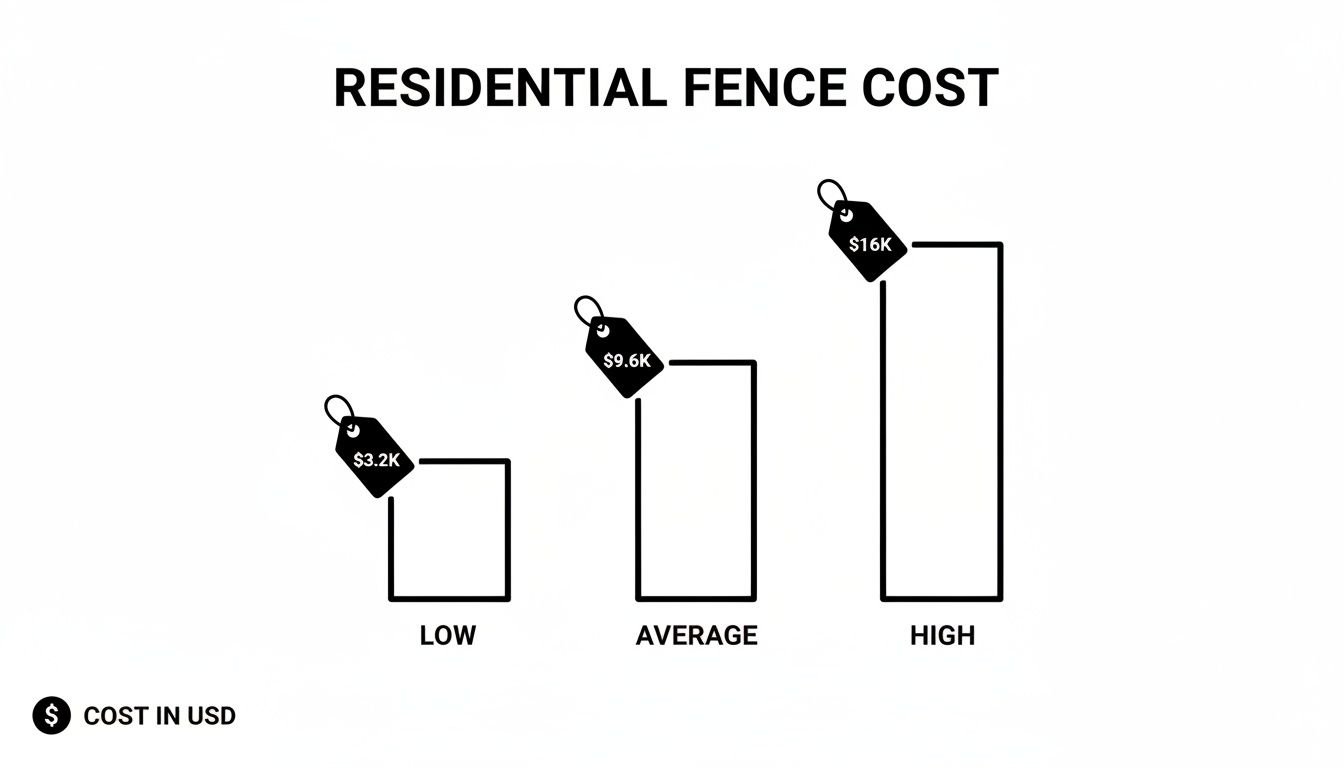 A bar chart illustrating residential fence costs: low ($3.2K), average ($9.6K), and high ($16K) in USD.