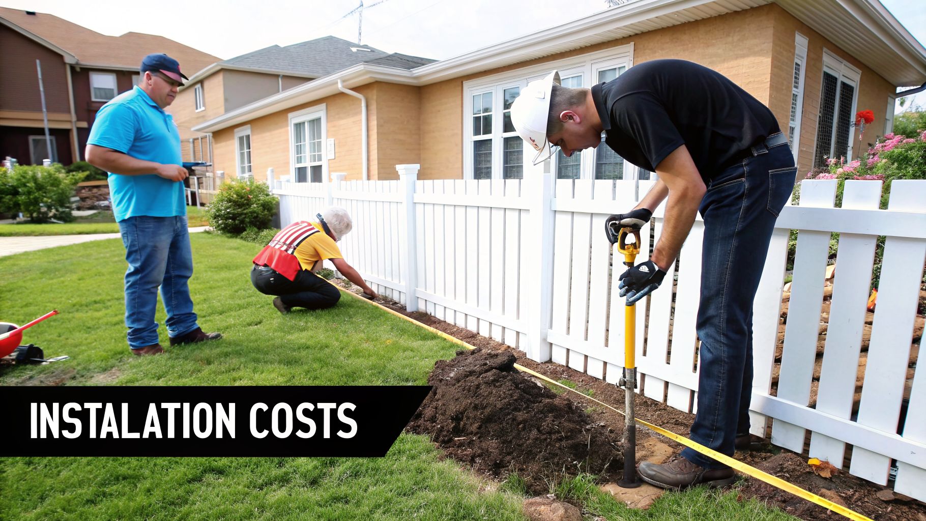Three people installing a white picket fence, with one digging, one measuring, and another supervising.