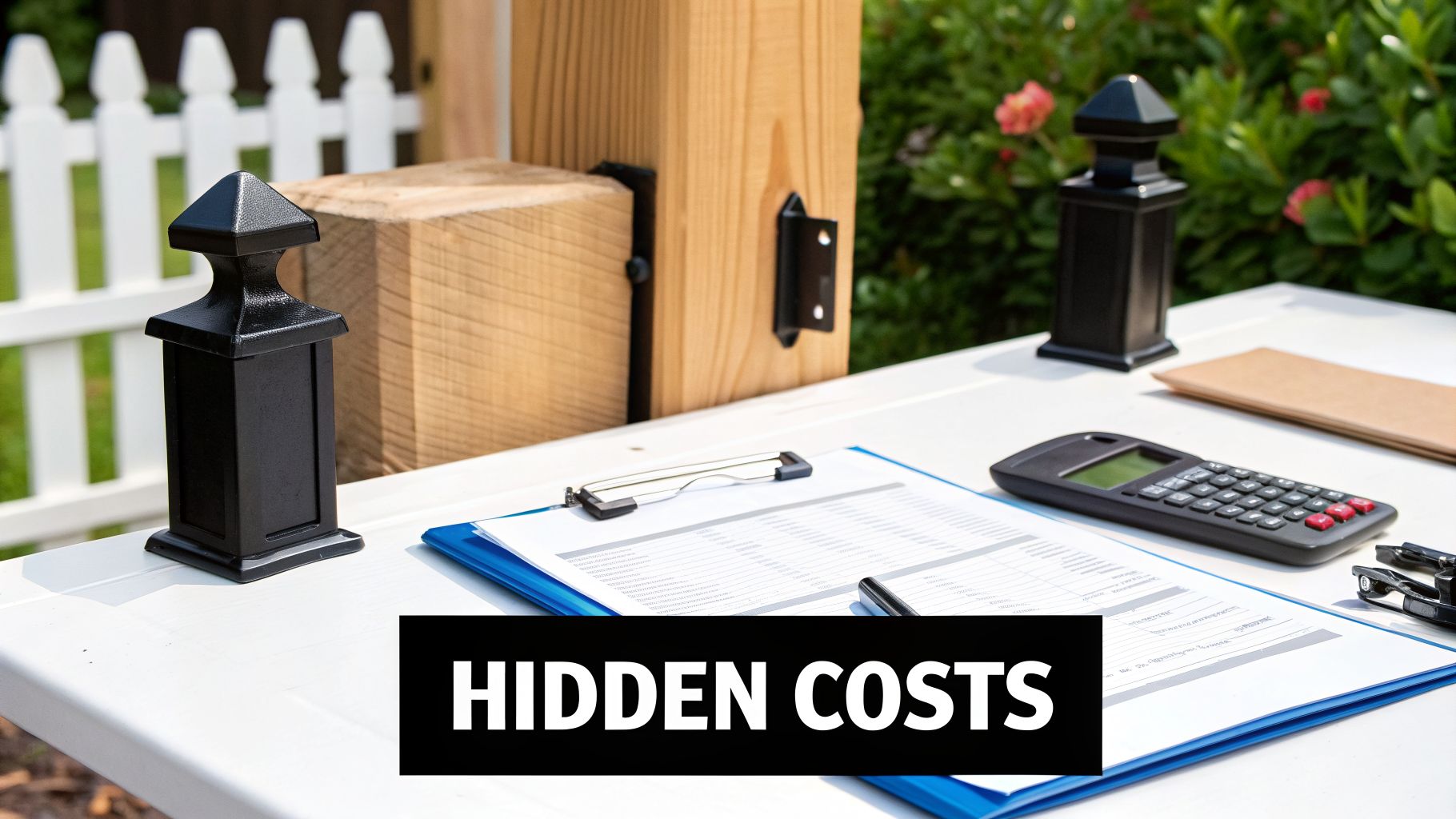 Documents, calculator, and fence elements on a table with 'HIDDEN COSTS' overlay.