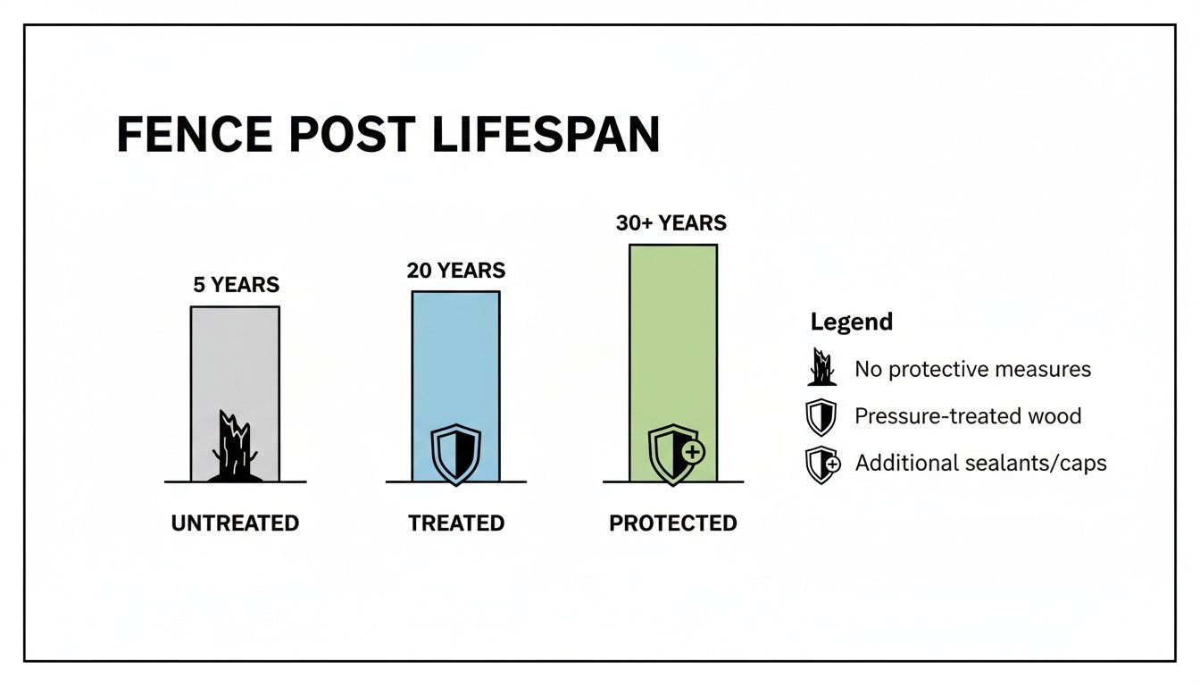 Bar chart comparing fence post lifespans: untreated lasts 5 years, treated lasts 20 years, and protected lasts 30+ years.