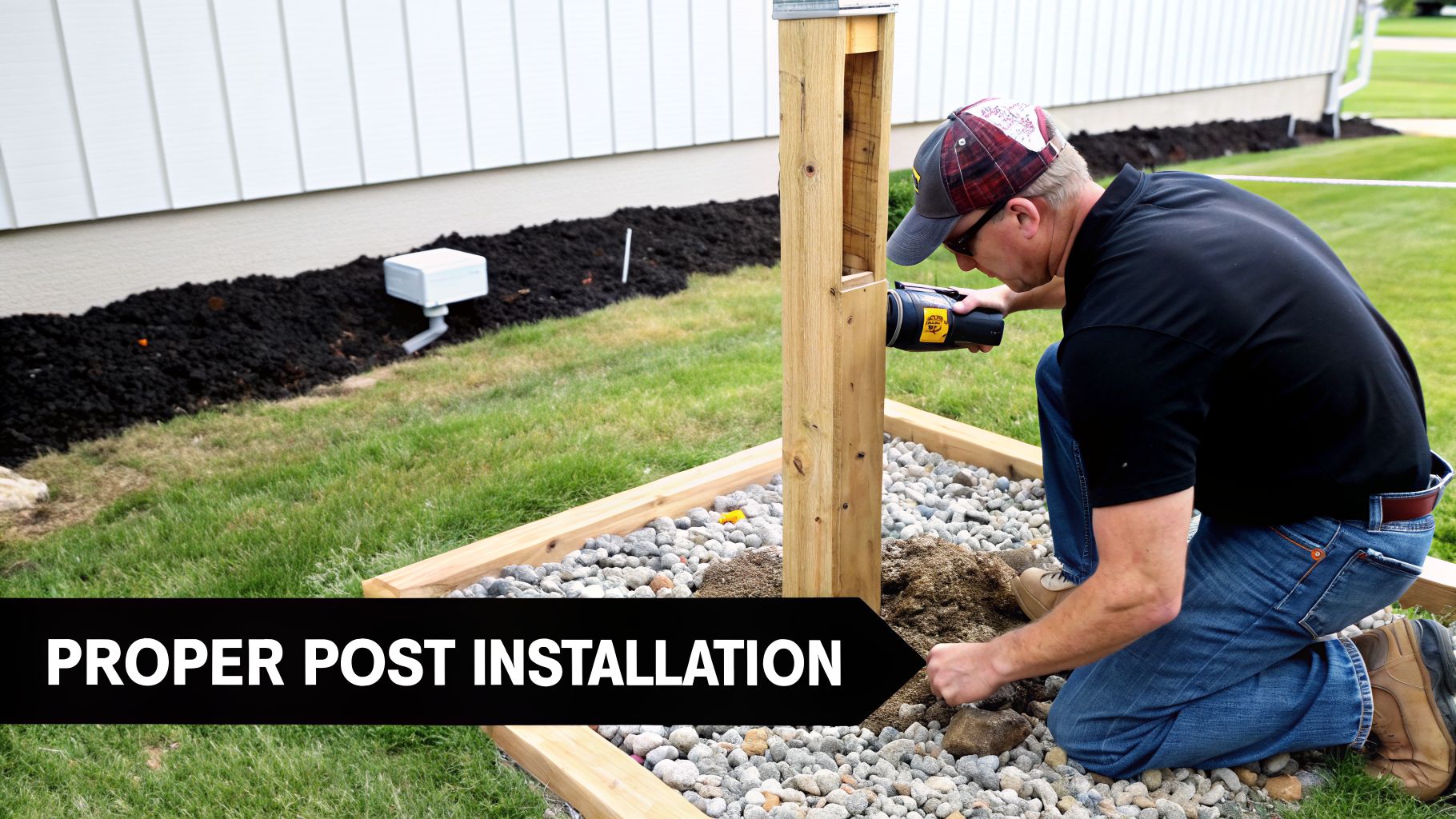 A man installs a wooden post in a rocky garden bed next to a house, labeled 'Proper Post Installation'.