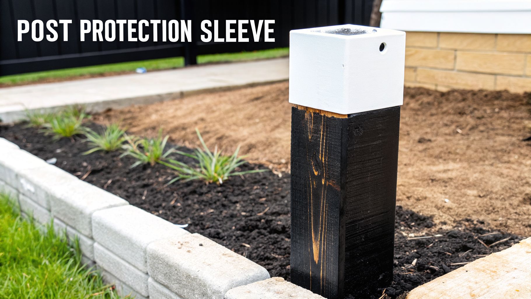 A black wooden post with a white protection sleeve in a newly planted garden bed next to a stone retaining wall.
