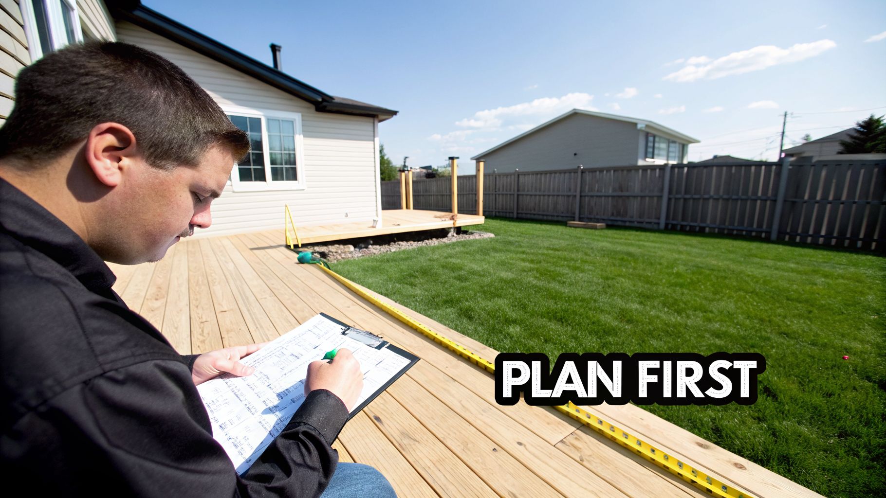 A man reviews plans on a clipboard while sitting on a new wooden deck, with a green lawn and house in the background.
