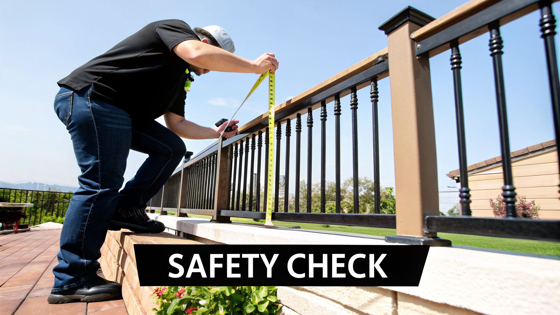 Person measuring a deck guardrail with a tape measure for safety compliance.