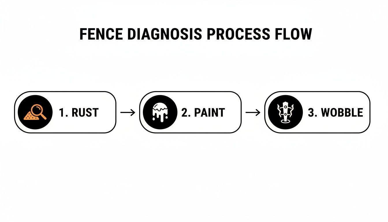 A process flow diagram showing three steps for fence diagnosis: rust, paint, and wobble.