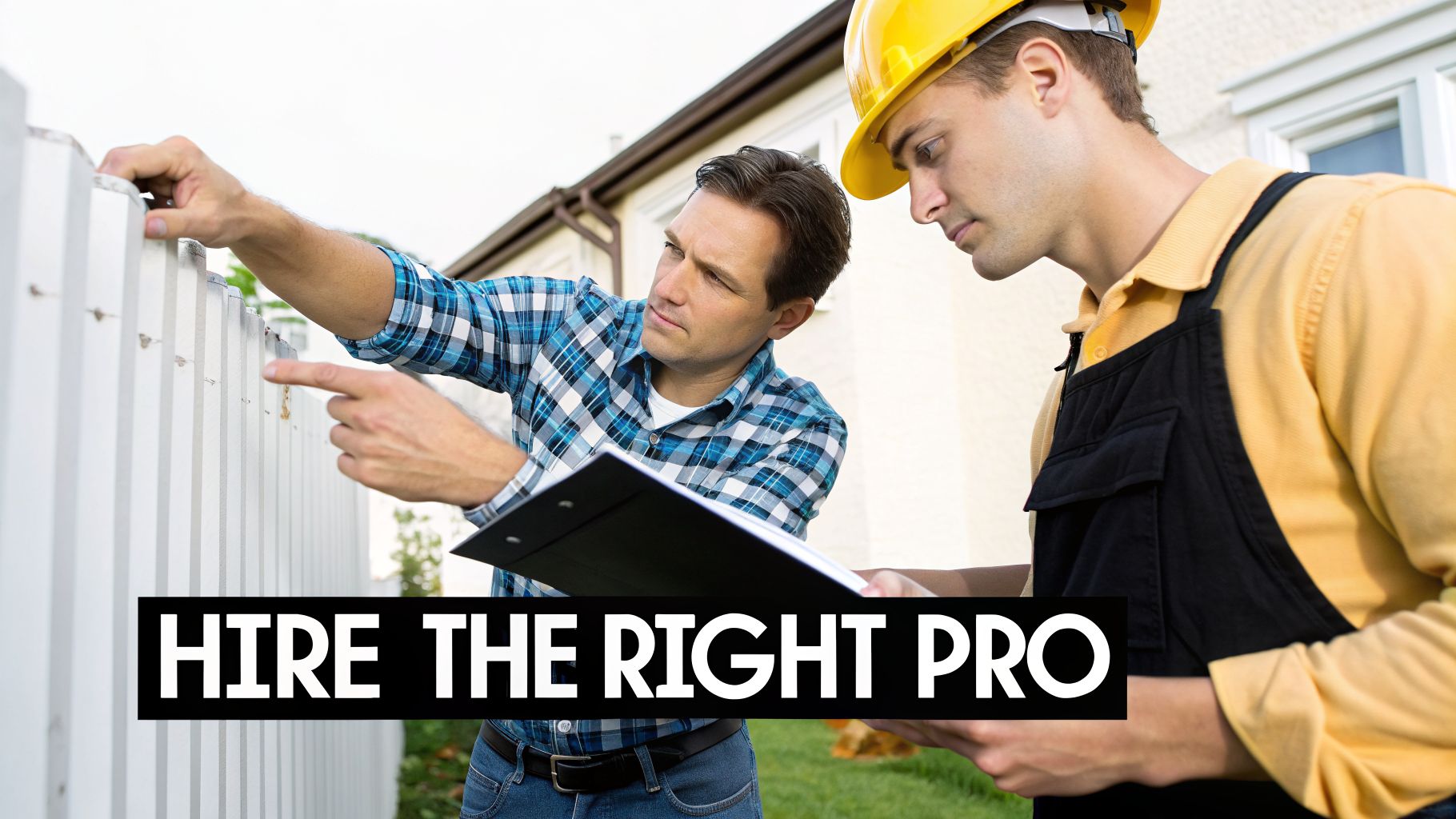 Two men, one in a hard hat, inspect a white fence, possibly for repairs, with overlaid text 'HIRE THE RIGHT PRO'.
