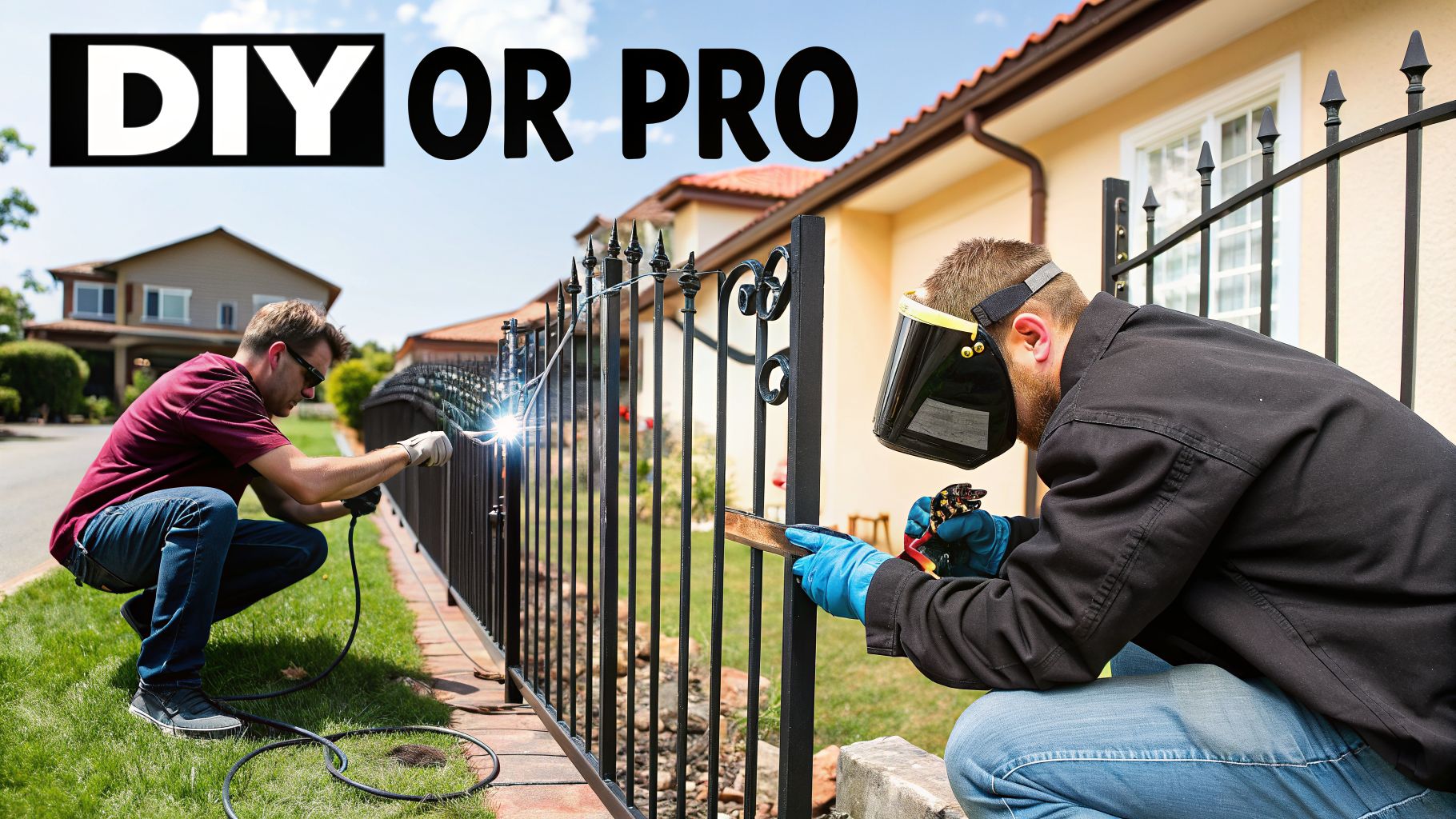 Two men are welding and repairing a black iron fence outdoors under a sunny sky.