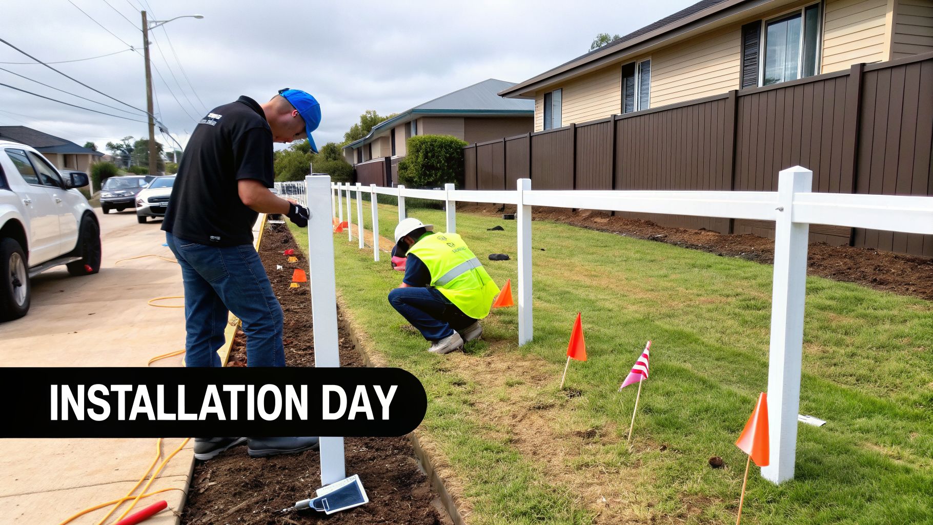 Two men install a white fence along a property line, with orange and pink flags marking the ground.