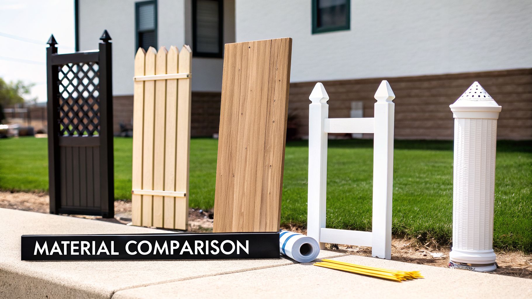 Various fence materials and designs displayed for a material comparison, including wood, vinyl, and lattice.