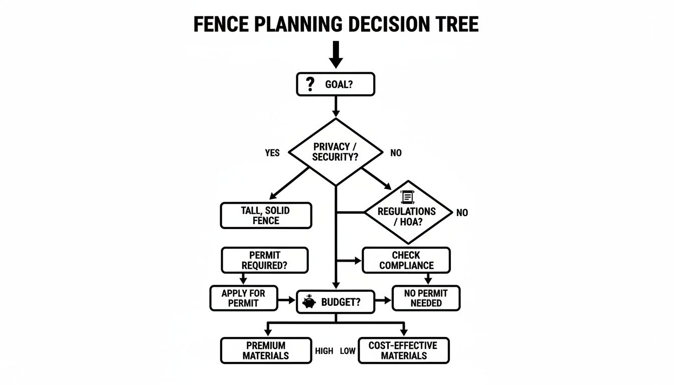 Flowchart for fence planning decisions, covering goals, privacy, regulations, permits, budget, and material selection.
