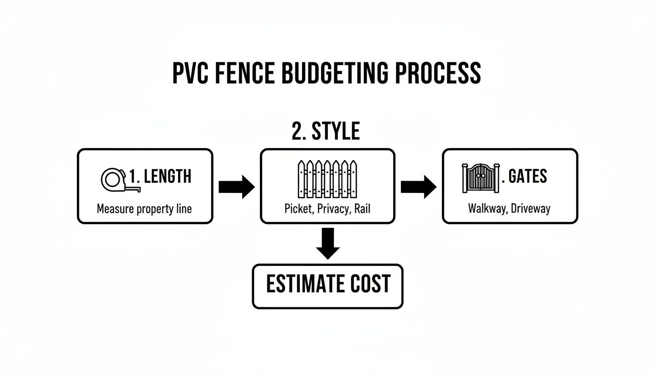 A flowchart outlines the PVC fence budgeting process, including measuring length, choosing style, adding gates, and estimating cost.