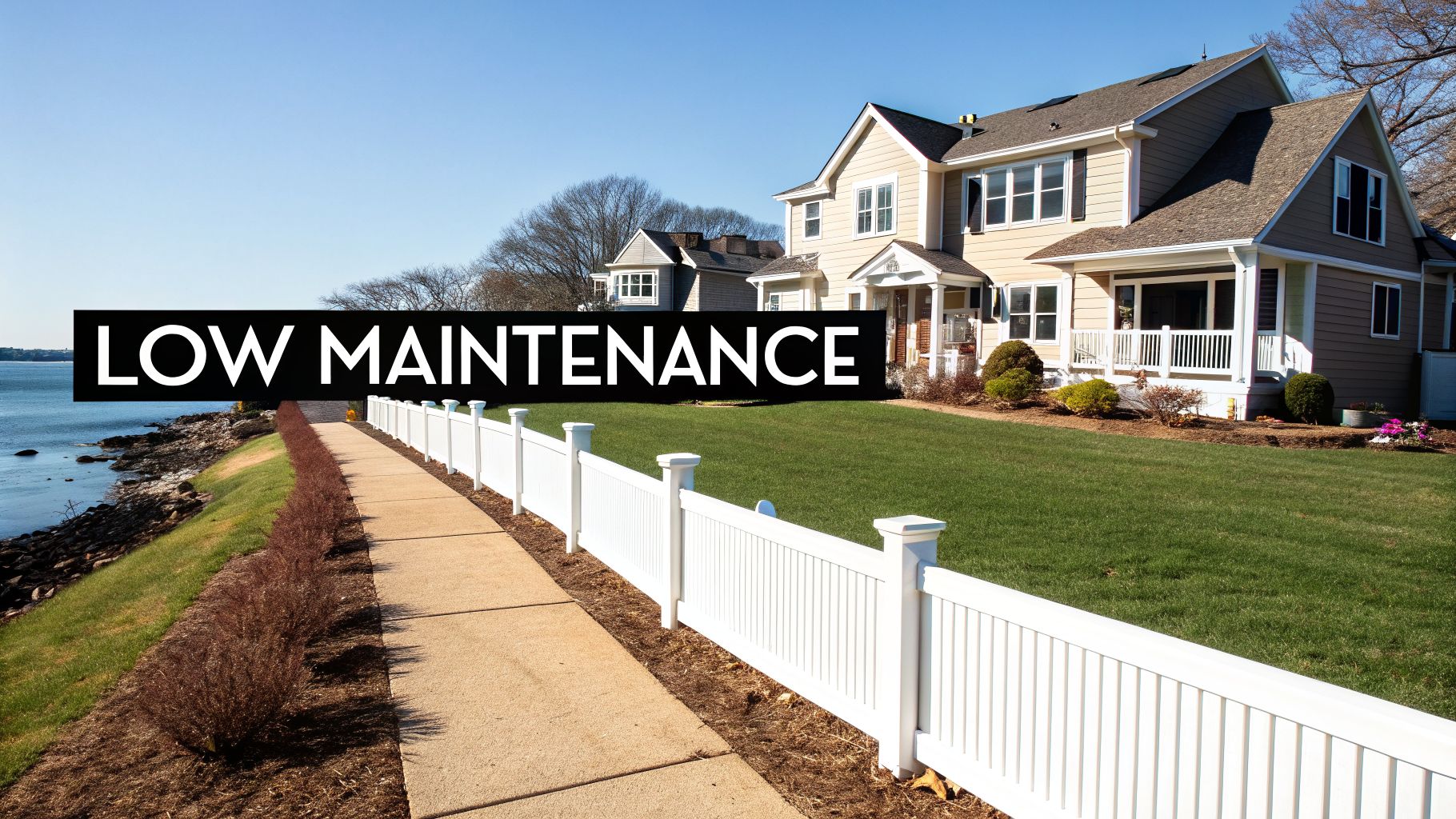 A scenic coastal house with a green lawn, white picket fence, a path, and 'LOW MAINTENANCE' text.
