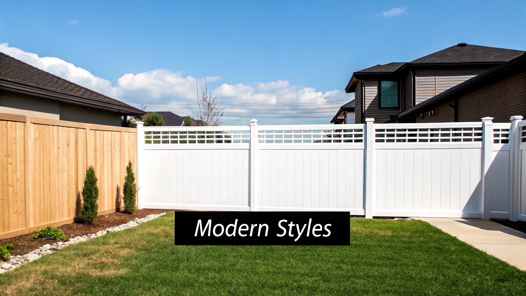 A modern white vinyl fence with a lattice top in a green backyard, next to a natural wood fence.