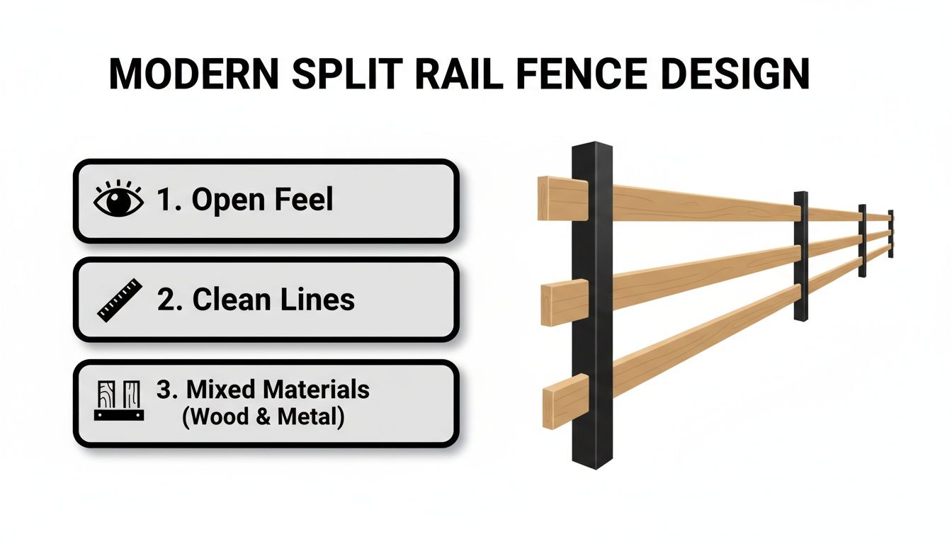 Modern split rail fence design graphic featuring black posts, wood rails, open feel, clean lines, and mixed materials.