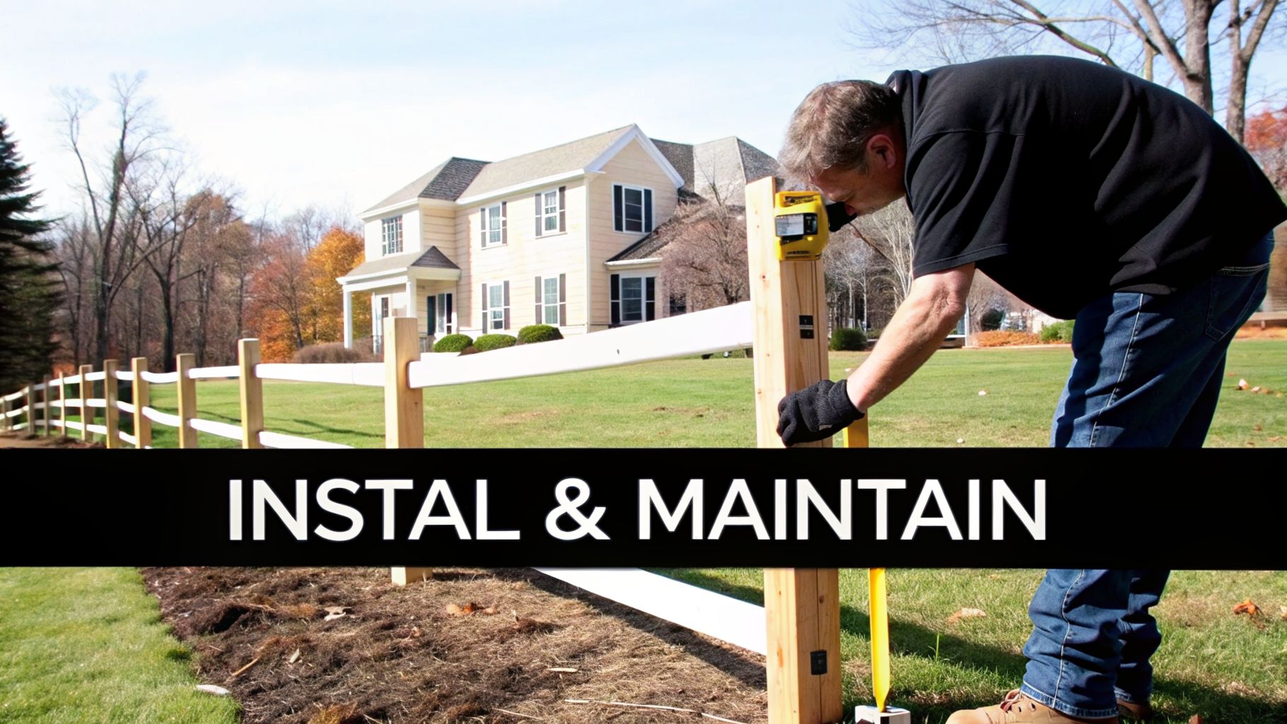 A man installing a white split-rail fence in a yard with a large house in the background.