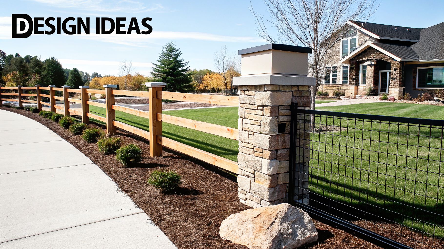 A modern split rail fence and stone pillar with a black metal gate complement a house and landscaped yard.