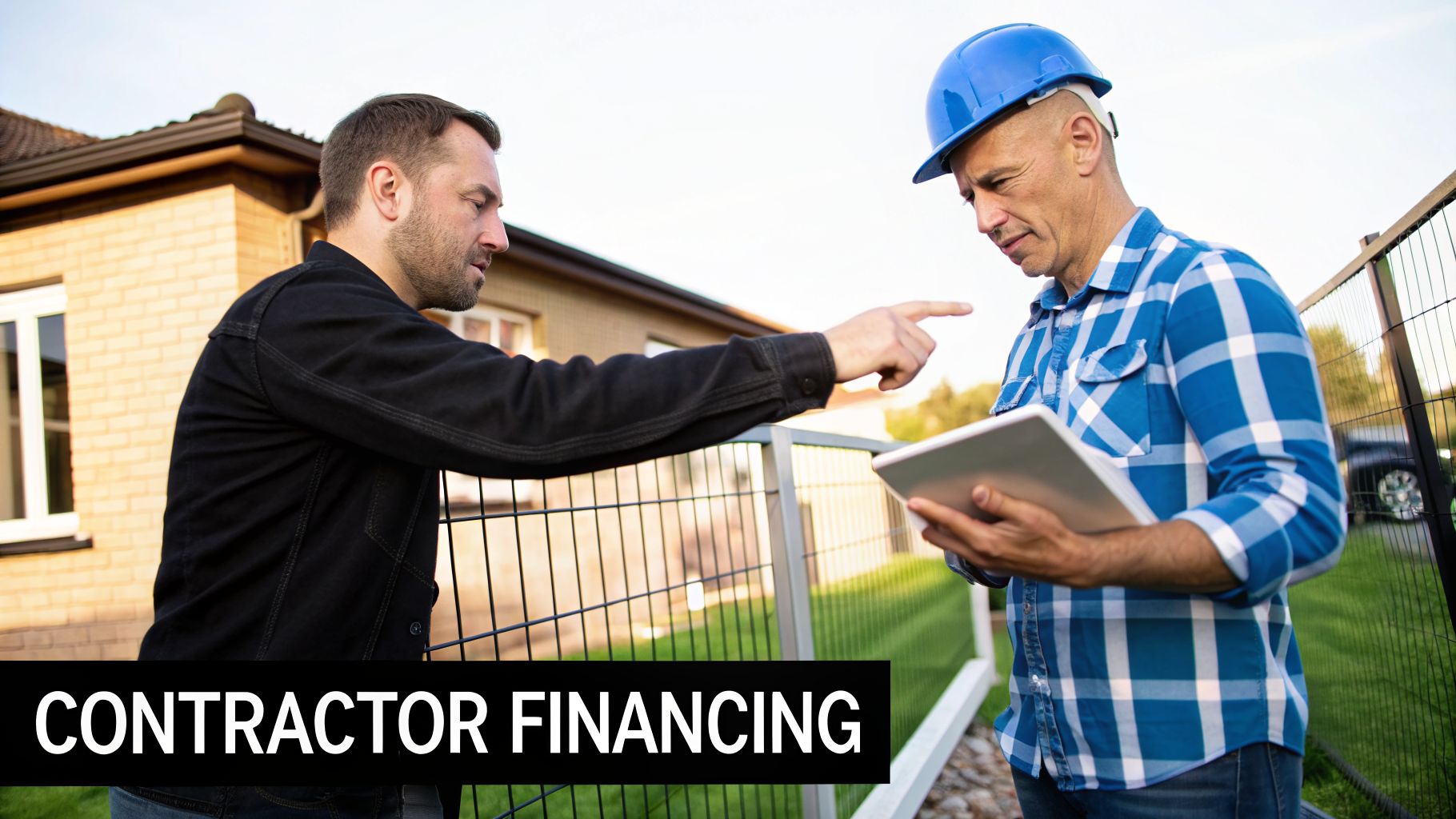 Homeowner points and discusses a project with a contractor in a hard hat, holding a tablet.